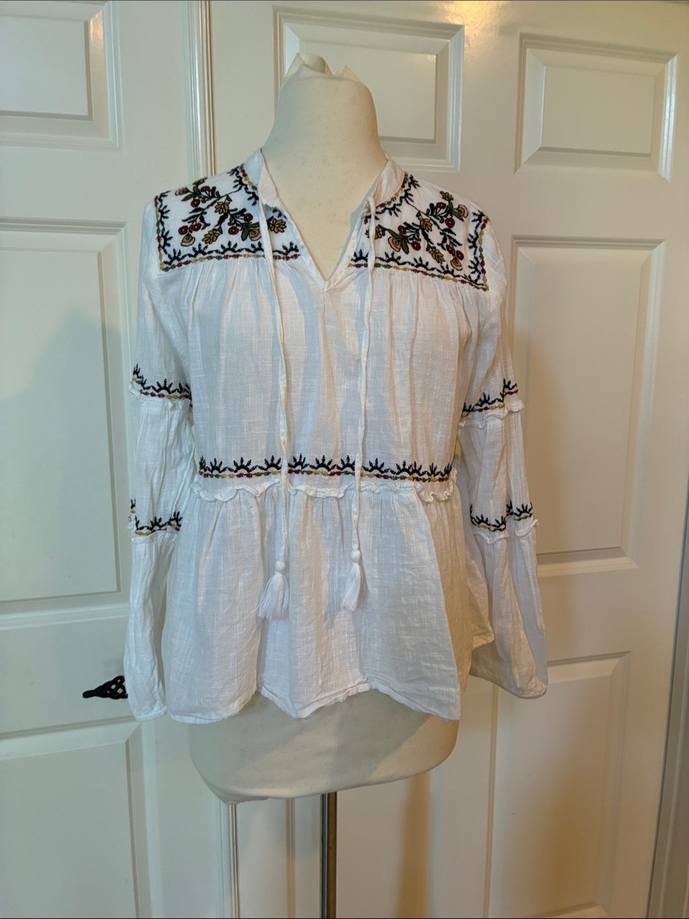 Embroidered White Boho Peasant Tunic with Tassel Ties